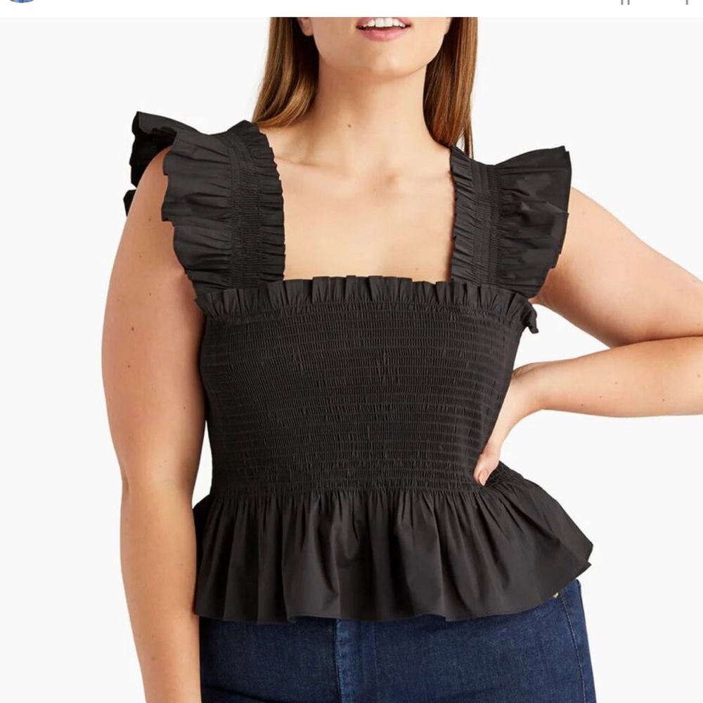 Hill House Black Smocked Flutter Sleeve Peplum Blouse